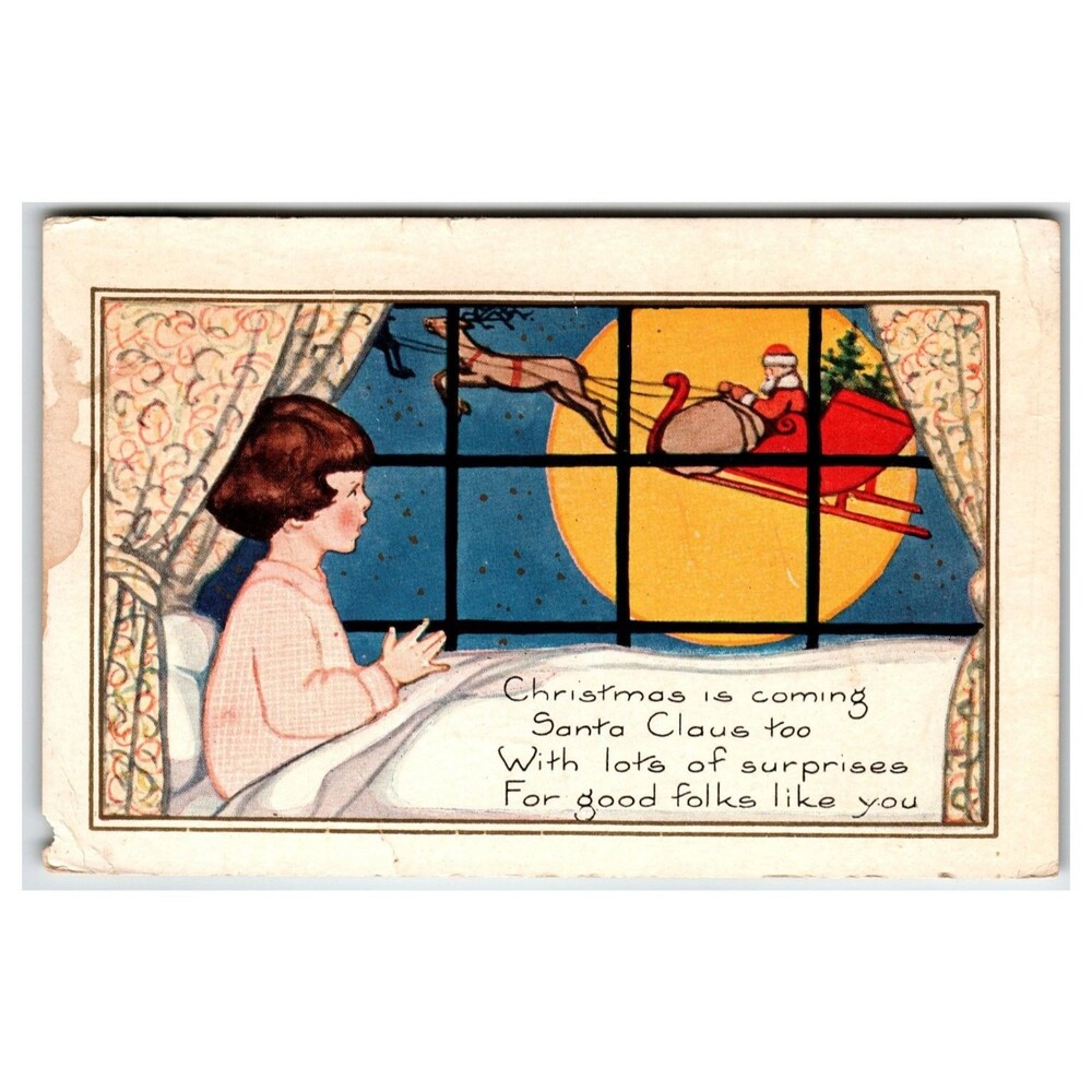 Vintage Christmas Postcard Child Santa Sleigh Moon Whitney Made Posted 1910s